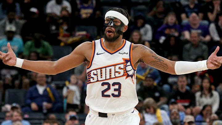 Mar 30, 2026; Memphis, Tennessee, USA; Phoenix Suns guard Jordan Goodwin (23) reacts during the fourth quarter against the Memphis Grizzlies at FedExForum. Mandatory Credit: Petre Thomas-Imagn Images