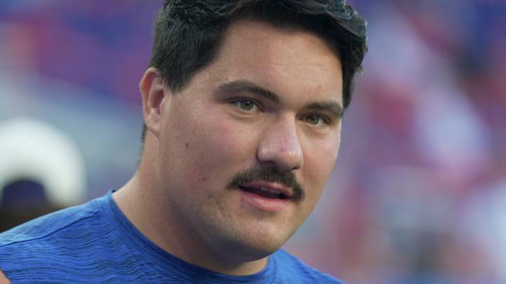 Buffalo Bills offensive lineman Connor McGovern watches teammates warm up for their preseason game against the Pittsburgh Steelers at Highmark Stadium on Aug. 27, 2026.
