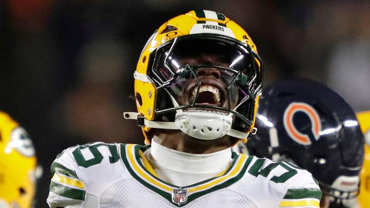 Green Bay Packers linebacker Edgerrin Cooper (56) celebrates a tackle in the playoff game against the Bears. Green Bay Packers linebacker Edgerrin Cooper (56) celebrates a tackle in the playoff game against the Bears.