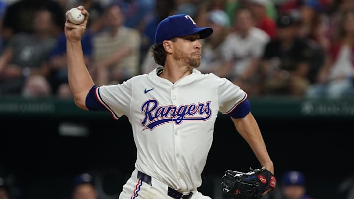 May 15, 2025; Arlington, Texas, USA; Texas Rangers pitcher Jacob deGrom (48) throws to the plate during the eighth inning against the Houston Astros at Globe Life Field. 