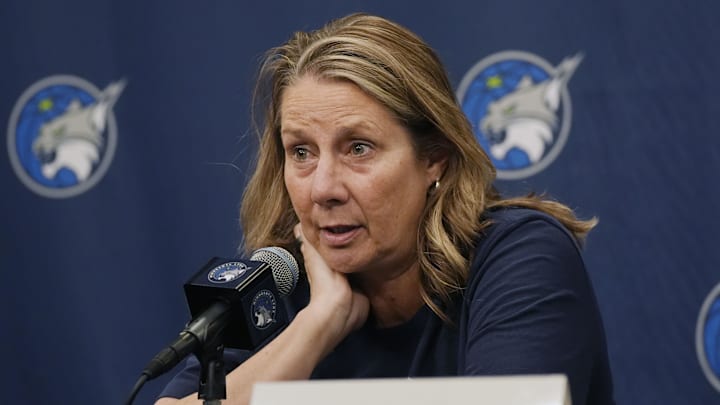 Jul 16, 2025; Minneapolis, Minnesota, USA; Minnesota Lynx head coach Cheryl Reeve speaks with the media prior to the game with the Phoenix Mercury at Target Center. Mandatory Credit: Bruce Kluckhohn-Imagn Images