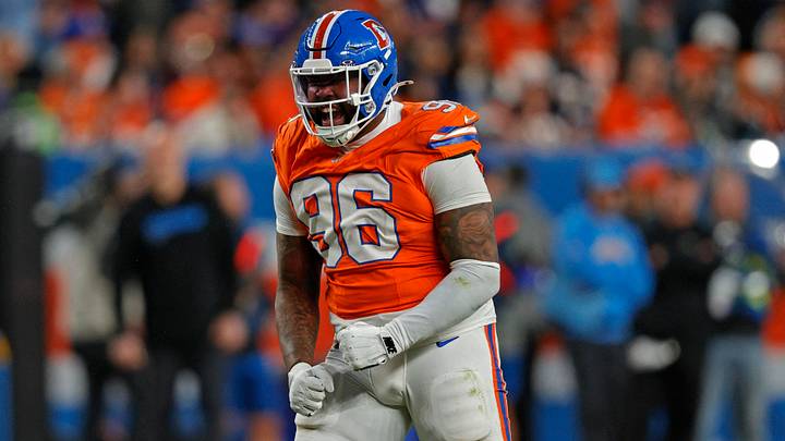 Jan 4, 2026; Denver, Colorado, USA; Denver Broncos defensive end Eyioma Uwazurike (96) reacts after a sack during the fourth quarter against the Los Angeles Chargers at Empower Field at Mile High. Mandatory Credit: Isaiah J. Downing-Imagn Images Jan 4, 2026; Denver, Colorado, USA; Denver Broncos defensive end Eyioma Uwazurike (96) reacts after a sack during the fourth quarter against the Los Angeles Chargers at Empower Field at Mile High. Mandatory Credit: Isaiah J. Downing-Imagn Images