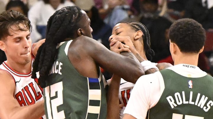 Oct 12, 2025; Chicago, Illinois, USA; Milwaukee Bucks forward Taurean Prince (12) and Chicago Bulls forward Dalen Terry (7), right, fight during the second half at the United Center. Mandatory Credit: Matt Marton-Imagn Images Oct 12, 2025; Chicago, Illinois, USA; Milwaukee Bucks forward Taurean Prince (12) and Chicago Bulls forward Dalen Terry (7), right, fight during the second half at the United Center. Mandatory Credit: Matt Marton-Imagn Images