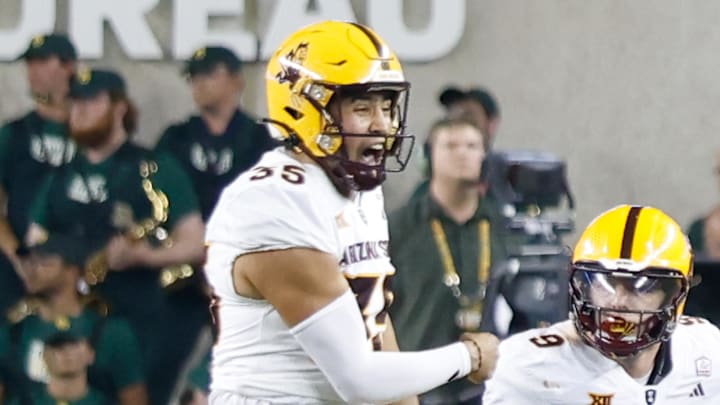 Sep 20, 2025; Waco, Texas, USA; Arizona State Sun Devils place kicker Jesus Gomez (35) reacts after kicking the game-winning field goal in the closing seconds of the second half against the Baylor Bears at McLane Stadium. Mandatory Credit: Chris Jones-Imagn Images