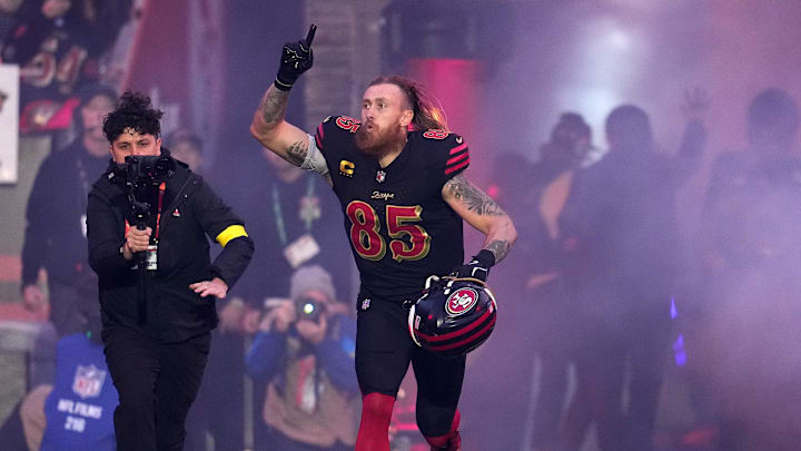 Jan 3, 2026; Santa Clara, California, USA; San Francisco 49ers tight end George Kittle (85) takes the field before the game at Levi's Stadium. Mandatory Credit: Neville E. Guard-Imagn Images