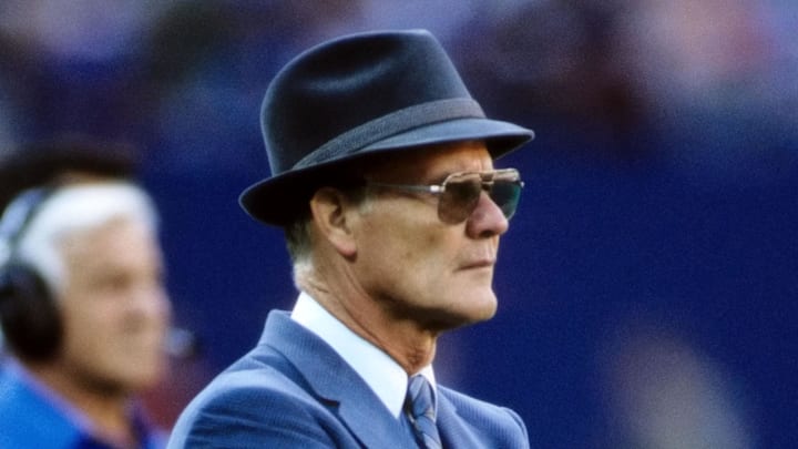 Nov 6, 1988; E. Rutherford, NJ, USA; FILE PHOTO; Dallas Cowboys head coach Tom Landry on the sidelines against the New York Giants at Giants Stadium.  