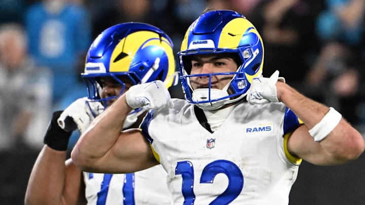 Jan 10, 2026; Charlotte, NC, USA; Los Angeles Rams wide receiver Puka Nacua (12) react in the fourth quarter in an NFC Wild Card Round game at Bank of America Stadium. Mandatory Credit: Bob Donnan-Imagn Images