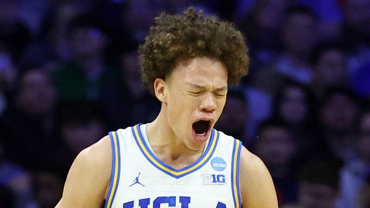 Mar 20, 2026; Philadelphia, PA, USA; UCLA Bruins guard Trent Perry (0) reacts with guard Eric Freeny (8) in the second half during a first round game of the men's 2026 NCAA Tournament at Xfinity Mobile Arena. Mandatory Credit: Bill Streicher-Imagn Images Mar 20, 2026; Philadelphia, PA, USA; UCLA Bruins guard Trent Perry (0) reacts with guard Eric Freeny (8) in the second half during a first round game of the men's 2026 NCAA Tournament at Xfinity Mobile Arena. Mandatory Credit: Bill Streicher-Imagn Images