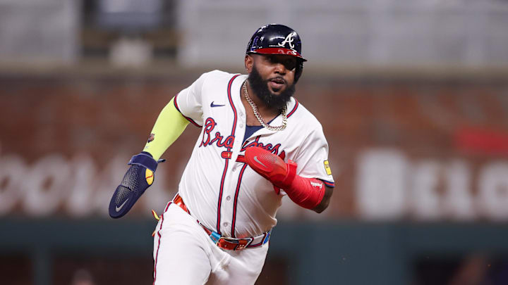 Sep 22, 2025; Atlanta, Georgia, USA; Atlanta Braves designated hitter Marcell Ozuna (20) runs to third against the Washington Nationals in the sixth inning at Truist Park. Mandatory Credit: Brett Davis-Imagn Images
