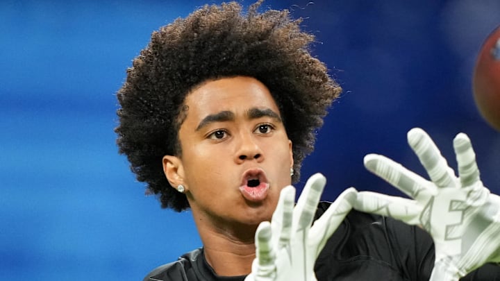 Feb 28, 2026; Indianapolis, IN, USA; Southern California wideout Ja'Kobi Lane (WO27) during the NFL Scouting Combine at Lucas Oil Stadium. 