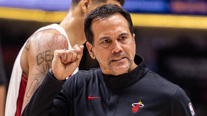 Feb 11, 2026; New Orleans, Louisiana, USA; Miami Heat Head Coach Erik Spoelstra reacts to calling a time out against the New Orleans Pelicans during the second half at Smoothie King Center. Mandatory Credit: Stephen Lew-Imagn Images