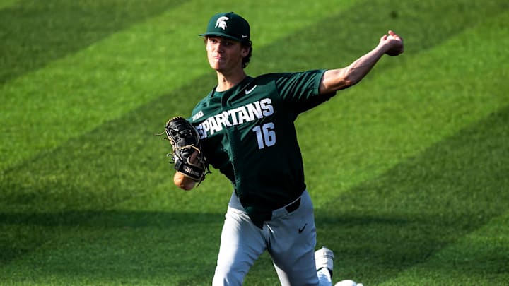 Michigan State's Joseph Dzierwa delivers a pitch during a NCAA Big Ten Conference baseball game against Iowa, Friday, May 12, 2023, at Duane Banks Field in Iowa City, Iowa.