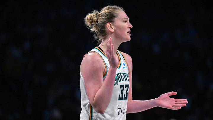 Brooklyn, New York, USA; New York Liberty center Emma Meesseman (33) reacts during the second half against the Chicago Sky at Barclays Center on August 21, 2025.