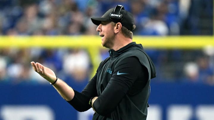 Dec 28, 2025; Indianapolis, Indiana, USA; Jacksonville Jaguars head coach Liam Coen during the second half against the Indianapolis Colts at Lucas Oil Stadium. Mandatory Credit: Robert Goddin-Imagn Images