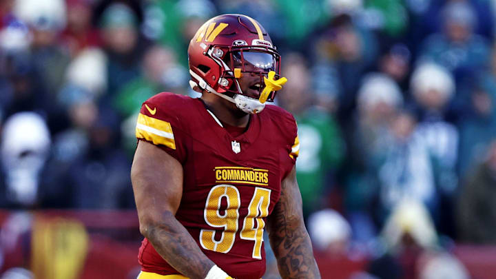 Washington Commanders defensive tackle Daron Payne (94) celebrates after a play during the third quarter against the Philadelphia Eagles at Northwest Stadium. Mandatory Credit: Peter Casey-Imagn Images