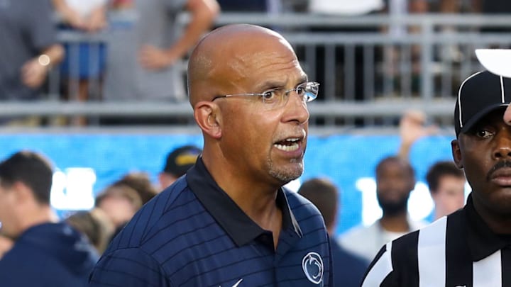 Sep 13, 2025; University Park, Pennsylvania, USA; Penn State Nittany Lions head coach James Franklin argues with officials over the final play of the game during the fourth quarter against the Villanova Wildcats at Beaver Stadium. Mandatory Credit: Matthew O'Haren-Imagn Images