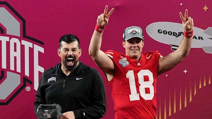 Ohio State Buckeyes head coach Ryan Day celebrates with quarterback Will Howard (18) following the 28-14 win over the Texas Longhorns in the Cotton Bowl Classic College Football Playoff semifinal game at AT&T Stadium in Arlington, Texas on Jan. 10, 2025. Ohio State Buckeyes head coach Ryan Day celebrates with quarterback Will Howard (18) following the 28-14 win over the Texas Longhorns in the Cotton Bowl Classic College Football Playoff semifinal game at AT&T Stadium in Arlington, Texas on Jan. 10, 2025.