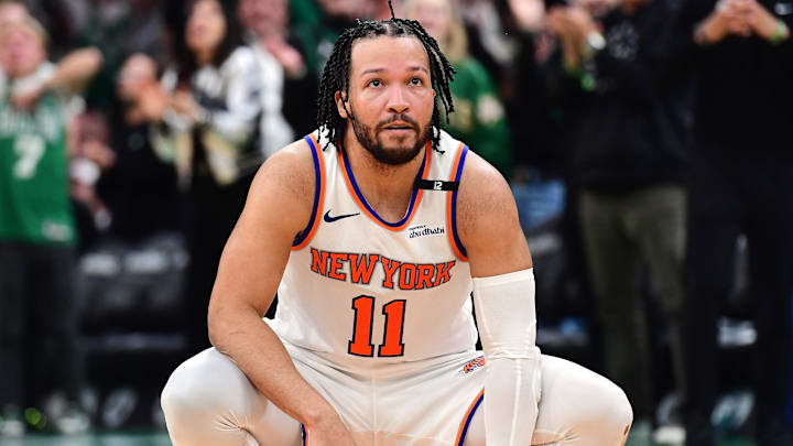 May 14, 2025; Boston, Massachusetts, USA; New York Knicks guard Jalen Brunson (11) fouls out of the game in the second half during game five of the second round for the 2025 NBA Playoffs against the Boston Celtics at TD Garden.