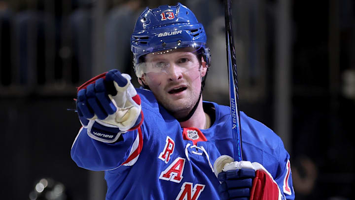 Jan 5, 2026; New York, New York, USA; New York Rangers left wing Alexis Lafreniere (13) celebrates his goal against the Utah Mammoth during the second period at Madison Square Garden. Mandatory Credit: Brad Penner-Imagn Images Jan 5, 2026; New York, New York, USA; New York Rangers left wing Alexis Lafreniere (13) celebrates his goal against the Utah Mammoth during the second period at Madison Square Garden. Mandatory Credit: Brad Penner-Imagn Images