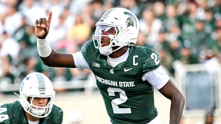 Michigan State's Aidan Chiles calls out to teammates during the first quarter in the game against Western Michigan on Friday, Aug. 29, 2025, in East Lansing. Michigan State's Aidan Chiles calls out to teammates during the first quarter in the game against Western Michigan on Friday, Aug. 29, 2025, in East Lansing.