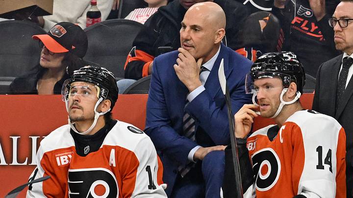 Oct 13, 2025; Philadelphia, Pennsylvania, USA; Philadelphia Flyers head coach Rick Tocchet with right wing Travis Konecny (11) and center Sean Couturier (14) against the Florida Panthers during the first period at Wells Fargo Center. Oct 13, 2025; Philadelphia, Pennsylvania, USA; Philadelphia Flyers head coach Rick Tocchet with right wing Travis Konecny (11) and center Sean Couturier (14) against the Florida Panthers during the first period at Wells Fargo Center.