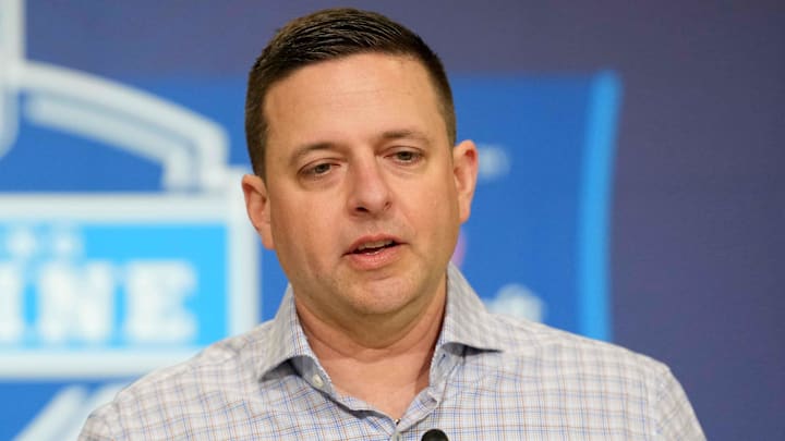 Feb 24, 2026; Indianapolis, IN, USA; New England Patriots general manager Eliot Wolf speaks at the NFL Scouting Combine at the Indiana Convention Center. Mandatory Credit: Kirby Lee-Imagn Images