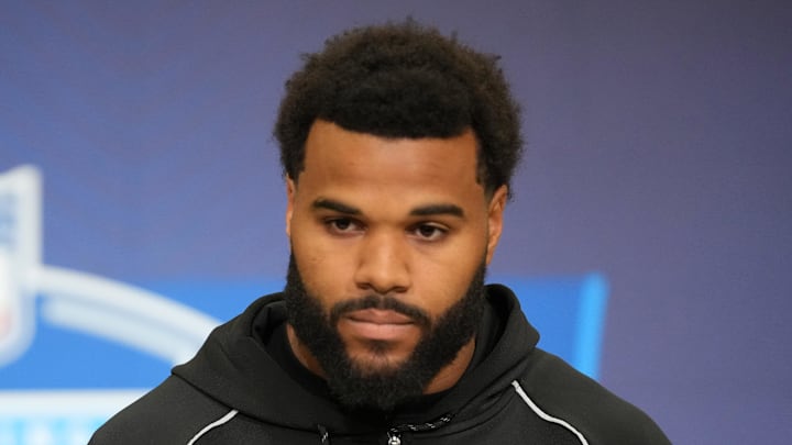 Miami defensive lineman Akheem Mesidor (DL51) speaks during the NFL Scouting Combine at the Indiana Convention Center