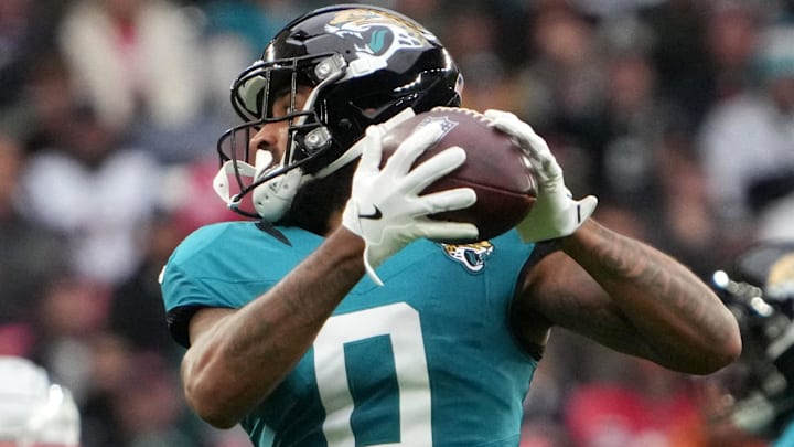Oct 20, 2024; London, United Kingdom; Jacksonville Jaguars wide receiver Gabe Davis (0) catches the ball against the New England Patriots in the first half of an NFL International Series game at Wembley Stadium. Mandatory Credit: Kirby Lee-Imagn Images