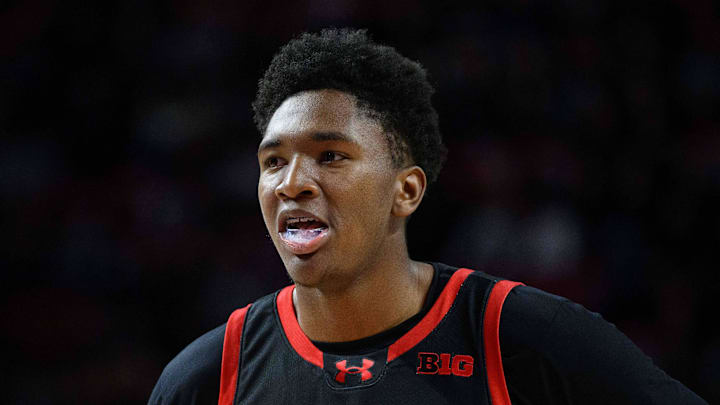 Feb 9, 2025; College Park, Maryland, USA; Maryland Terrapins center Derik Queen (25) looks on during the second half against the Rutgers Scarlet Knights at Xfinity Center. Mandatory Credit: Reggie Hildred-Imagn Images Feb 9, 2025; College Park, Maryland, USA; Maryland Terrapins center Derik Queen (25) looks on during the second half against the Rutgers Scarlet Knights at Xfinity Center. Mandatory Credit: Reggie Hildred-Imagn Images
