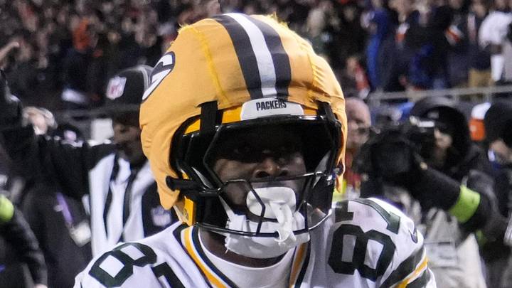 Jan 10, 2026; Chicago, IL, USA; Green Bay Packers wide receiver Romeo Doubs (87) reacts after scoring a touchdown against the Chicago Bears during the first half of an NFC Wild Card Round game at Soldier Field. Mandatory Credit: David Banks-Imagn Images Jan 10, 2026; Chicago, IL, USA; Green Bay Packers wide receiver Romeo Doubs (87) reacts after scoring a touchdown against the Chicago Bears during the first half of an NFC Wild Card Round game at Soldier Field. Mandatory Credit: David Banks-Imagn Images