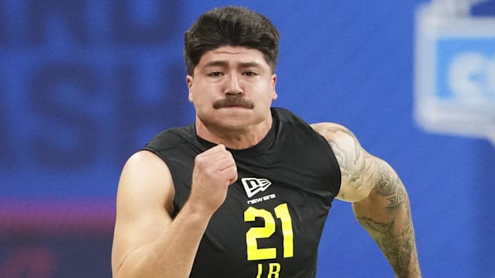 Feb 26, 2026; Indianapolis, IN, USA; Texas Tech linebacker Jacob Rodriguez (LB21) runs the 40-yard dash during the NFL Scouting Combine at Lucas Oil Stadium. Mandatory Credit: Kirby Lee-Imagn Images Feb 26, 2026; Indianapolis, IN, USA; Texas Tech linebacker Jacob Rodriguez (LB21) runs the 40-yard dash during the NFL Scouting Combine at Lucas Oil Stadium. Mandatory Credit: Kirby Lee-Imagn Images
