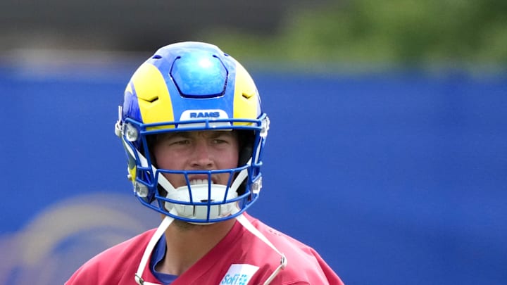 Jun 3, 2025; Woodland Hills, CA, USA; Los Angeles Rams quarterback Matthew Stafford (9) during organized team activities at Rams Practice Facility. Mandatory Credit: Kirby Lee-Imagn Images