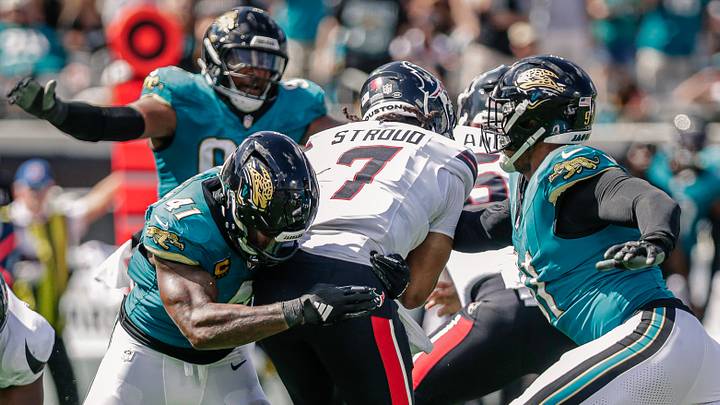 Sep 21, 2025; Jacksonville, Florida, USA; Jacksonville Jaguars defensive end Josh Hines-Allen (41) gets a sack against the Houston Texans at EverBank Stadium. Mandatory Credit: Travis Register-Imagn Images Sep 21, 2025; Jacksonville, Florida, USA; Jacksonville Jaguars defensive end Josh Hines-Allen (41) gets a sack against the Houston Texans at EverBank Stadium. Mandatory Credit: Travis Register-Imagn Images