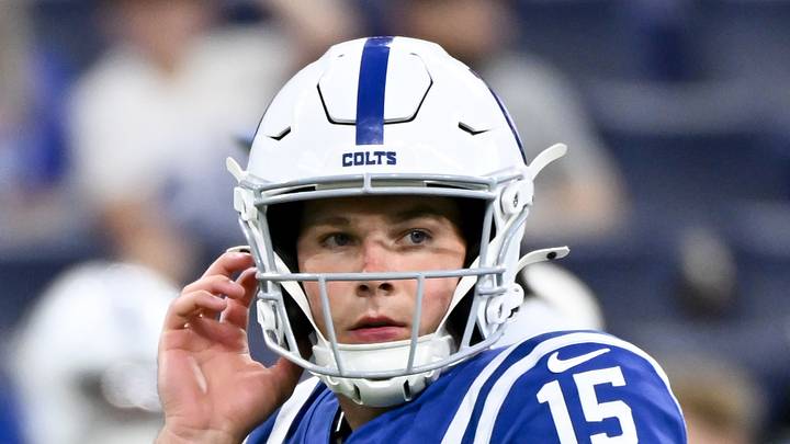 Indianapolis Colts quarterback Riley Leonard warms up before a game