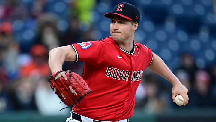 Apr 6, 2026; Cleveland, Ohio, USA; Cleveland Guardians relief pitcher Tim Herrin (29) delivers during the fifth inning against the Kansas City Royals at Progressive Field. Mandatory Credit: David Dermer-Imagn Images
