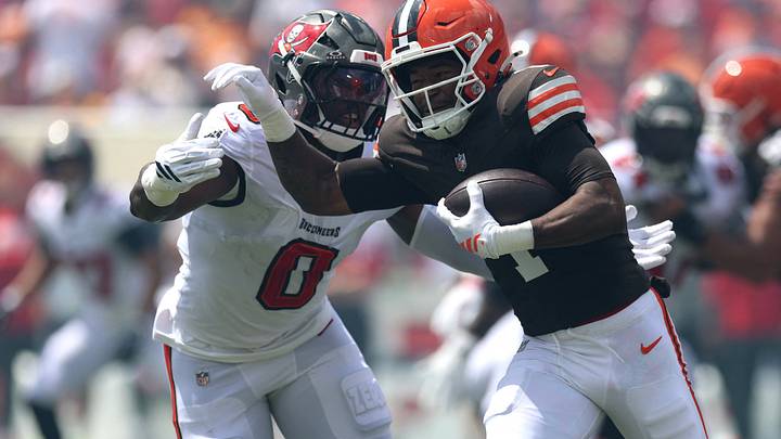 Sep 20, 2026; Tampa, Florida, USA; Tampa Bay Buccaneers linebacker YaYa Diaby (0) tackles Cleveland Browns wide receiver KC Concepcion (1) during the first quarter at Raymond James Stadium. Mandatory Credit: Nathan Ray Seebeck-Imagn Images Sep 20, 2026; Tampa, Florida, USA; Tampa Bay Buccaneers linebacker YaYa Diaby (0) tackles Cleveland Browns wide receiver KC Concepcion (1) during the first quarter at Raymond James Stadium. Mandatory Credit: Nathan Ray Seebeck-Imagn Images