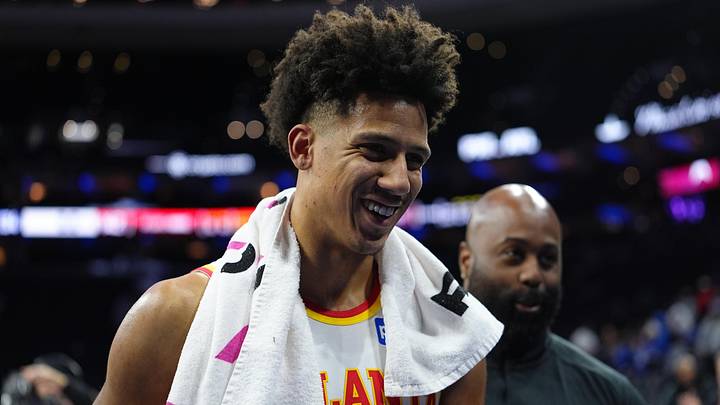 Atlanta Hawks forward Jalen Johnson (1) reacts after the game against the Philadelphia 76ers at Xfinity Mobile Arena on November 30, 2025. Atlanta Hawks forward Jalen Johnson (1) reacts after the game against the Philadelphia 76ers at Xfinity Mobile Arena on November 30, 2025.