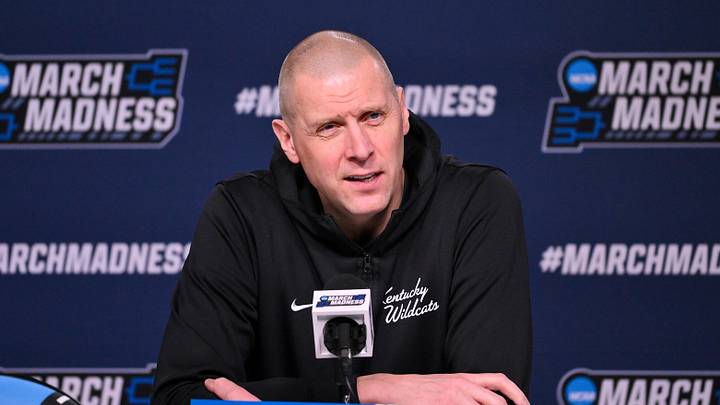 Mar 19, 2026; St. Louis, MO, USA; Kentucky Wildcats head coach Mark Pope talks with the media during a practice session ahead of the first round of the men's 2026 NCAA Tournament at Enterprise Center. Mandatory Credit: Jeff Curry-Imagn Images Mar 19, 2026; St. Louis, MO, USA; Kentucky Wildcats head coach Mark Pope talks with the media during a practice session ahead of the first round of the men's 2026 NCAA Tournament at Enterprise Center. Mandatory Credit: Jeff Curry-Imagn Images