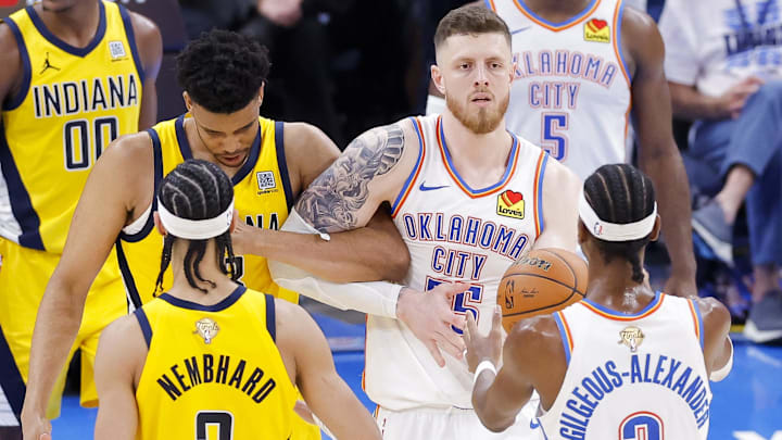 Jun 16, 2025; Oklahoma City, Oklahoma, USA; Oklahoma City Thunder center Isaiah Hartenstein (55) grabs the ball away from Indiana Pacers guard Tyrese Haliburton (0) during the fourth quarter in game five of the 2025 NBA Finals at Paycom Center. Mandatory Credit: Alonzo Adams-Imagn Images Jun 16, 2025; Oklahoma City, Oklahoma, USA; Oklahoma City Thunder center Isaiah Hartenstein (55) grabs the ball away from Indiana Pacers guard Tyrese Haliburton (0) during the fourth quarter in game five of the 2025 NBA Finals at Paycom Center. Mandatory Credit: Alonzo Adams-Imagn Images