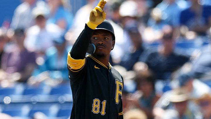 Mar 6, 2026; Dunedin, Florida, USA; Pittsburgh Pirates second baseman Termarr Johnson (81) reacts after hitting an rbi single against the Toronto Blue Jays in the second inning during spring training at TD Ballpark. Mandatory Credit: Nathan Ray Seebeck-Imagn Images Mar 6, 2026; Dunedin, Florida, USA; Pittsburgh Pirates second baseman Termarr Johnson (81) reacts after hitting an rbi single against the Toronto Blue Jays in the second inning during spring training at TD Ballpark. Mandatory Credit: Nathan Ray Seebeck-Imagn Images