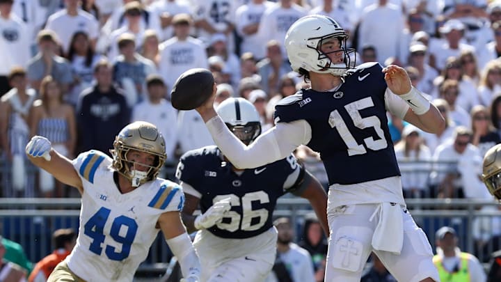 Oct 5, 2024; University Park, Pennsylvania, USA; Penn State Nittany Lions quarterback Drew Allar (15) throws a pass during the fourth quarter against the UCLA Bruins at Beaver Stadium. Mandatory Credit: Matthew O'Haren-Imagn Images Oct 5, 2024; University Park, Pennsylvania, USA; Penn State Nittany Lions quarterback Drew Allar (15) throws a pass during the fourth quarter against the UCLA Bruins at Beaver Stadium. Mandatory Credit: Matthew O'Haren-Imagn Images