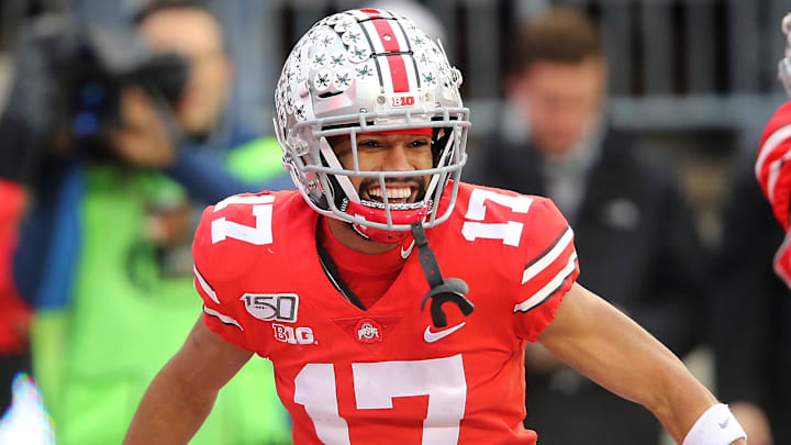 Ohio State Buckeyes wide receiver Chris Olave (17) celebrates after his fourth  quarter touchdown.