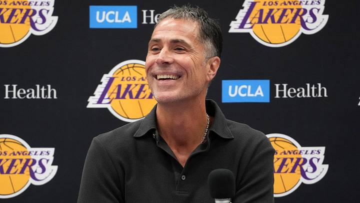 Sep 25, 2024; El Segundo, CA, USA; Los Angeles Lakers general manager Rob Pelinka at press conference at UCLA Health Training Center. Mandatory Credit: Kirby Lee-Imagn Images