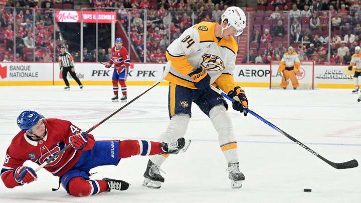 Oct 8, 2026; Montreal, Quebec, CAN; Nashville Predators forward Adam Edstrom (84) takes the puck away from Montreal Canadiens defenseman Lane Hutson (48) and scores his second empty net goal during the third period at the Bell Centre. Mandatory Credit: Eric Bolte-Imagn Images Oct 8, 2026; Montreal, Quebec, CAN; Nashville Predators forward Adam Edstrom (84) takes the puck away from Montreal Canadiens defenseman Lane Hutson (48) and scores his second empty net goal during the third period at the Bell Centre. Mandatory Credit: Eric Bolte-Imagn Images