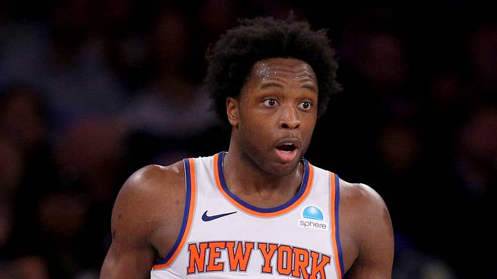Jan 3, 2024; New York, New York, USA; New York Knicks forward OG Anunoby (8) reacts during the third quarter against the Chicago Bulls at Madison Square Garden. Mandatory Credit: Brad Penner-USA TODAY Sports Jan 3, 2024; New York, New York, USA; New York Knicks forward OG Anunoby (8) reacts during the third quarter against the Chicago Bulls at Madison Square Garden. Mandatory Credit: Brad Penner-USA TODAY Sports