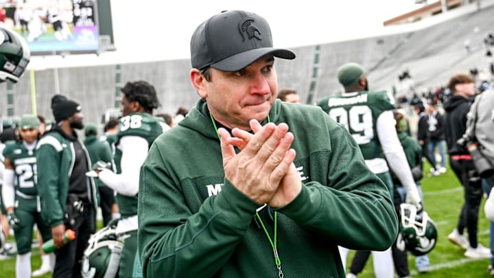 Michigan State's head coach Jonathan Smith leaves the file after the Spring Showcase on Saturday, April 20, 2024, at Spartan Stadium in East Lansing.