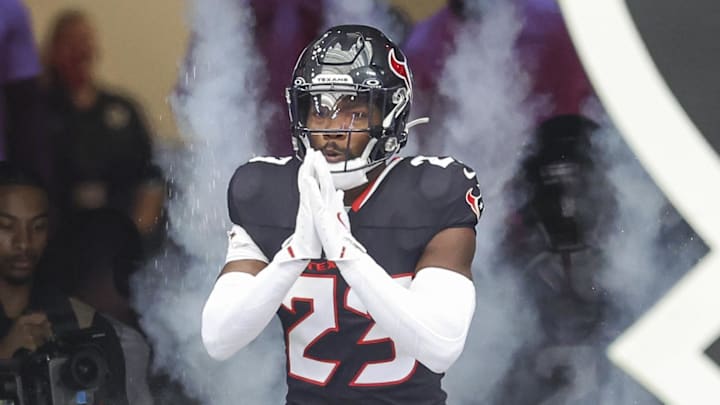 Oct 27, 2024; Houston, Texas, USA; Houston Texans safety Eric Murray (23) walks onto the field before the game against the Indianapolis Colts at NRG Stadium. Mandatory Credit: Troy Taormina-Imagn Images