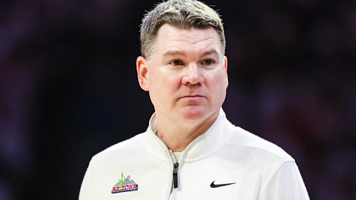 Mar 2, 2026; Tucson, Arizona, USA; Arizona Wildcats head coach Tommy Lloyd looks towards his players during the first half of the game against the Iowa State Cyclones at McKale Memorial Center. Mandatory Credit: Aryanna Frank-Imagn Images