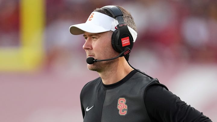 Aug 30, 2025; Los Angeles, California, USA; Southern California Trojans head coach Lincoln Riley watches from the sidelines against the Missouri State Bears in the first half at United Airlines Field at Los Angeles Memorial Coliseum. Mandatory Credit: Kirby Lee-Imagn Images Aug 30, 2025; Los Angeles, California, USA; Southern California Trojans head coach Lincoln Riley watches from the sidelines against the Missouri State Bears in the first half at United Airlines Field at Los Angeles Memorial Coliseum. Mandatory Credit: Kirby Lee-Imagn Images
