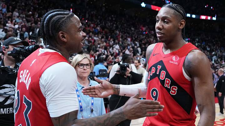 May 1, 2026; Toronto, Ontario, CAN; Toronto Raptors forward RJ Barrett (9) celebrates with guard Jamal Shead (23) against the Cleveland Cavaliers at the end of the overtime period in game six of the first round of the 2026 NBA Playoffs at Scotiabank Arena. Mandatory Credit: Nick Turchiaro-Imagn Images May 1, 2026; Toronto, Ontario, CAN; Toronto Raptors forward RJ Barrett (9) celebrates with guard Jamal Shead (23) against the Cleveland Cavaliers at the end of the overtime period in game six of the first round of the 2026 NBA Playoffs at Scotiabank Arena. Mandatory Credit: Nick Turchiaro-Imagn Images